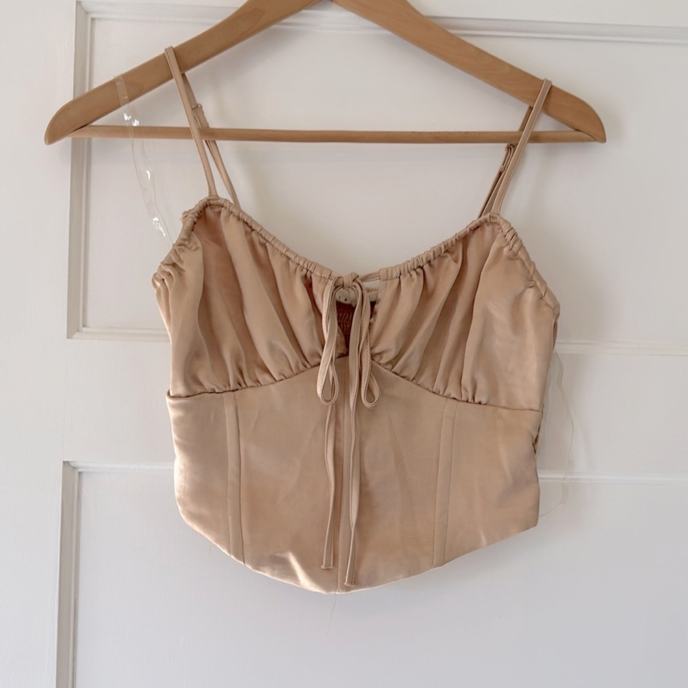 Pac Sun corset shirt in champagne satin. Adjustable straps. Mid drift. Size XS